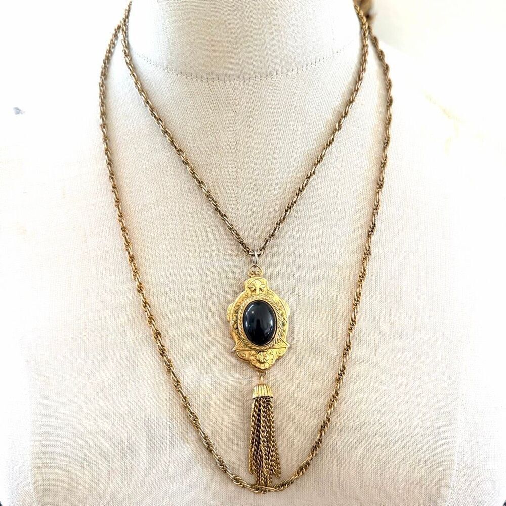 Vintage Double Chain Victorian Revival Pendant Necklace with Tassel